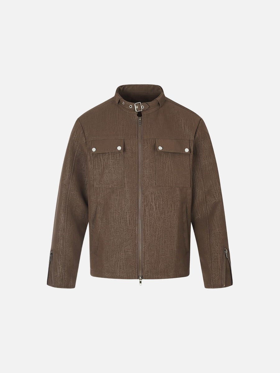 Men's brown distressed textured boxy jacket shown from the front