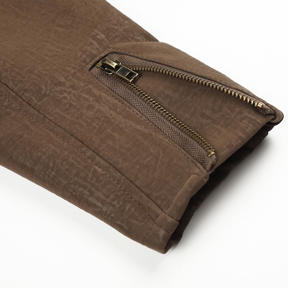 Detail of the front fastening on a men's brown boxy jacket