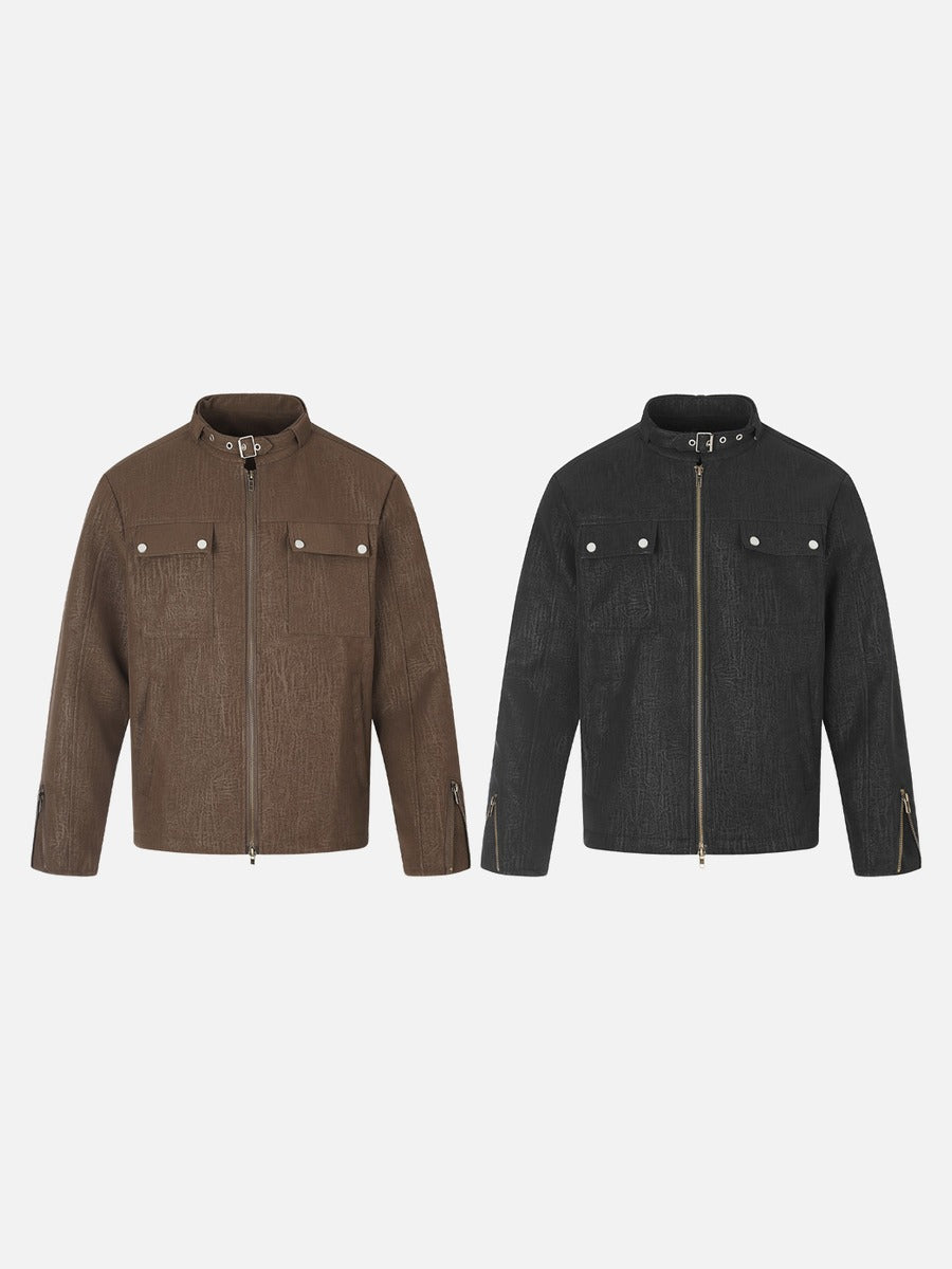 Men's brown textured jacket showing its structured collar