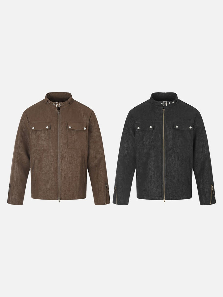 Men's brown textured jacket showing its structured collar