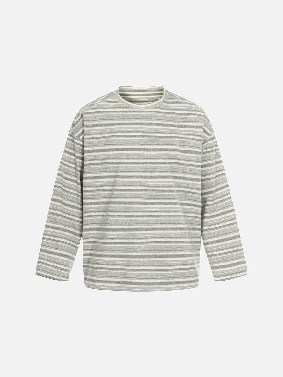 Men's grey striped long sleeve T-shirt shown from the front