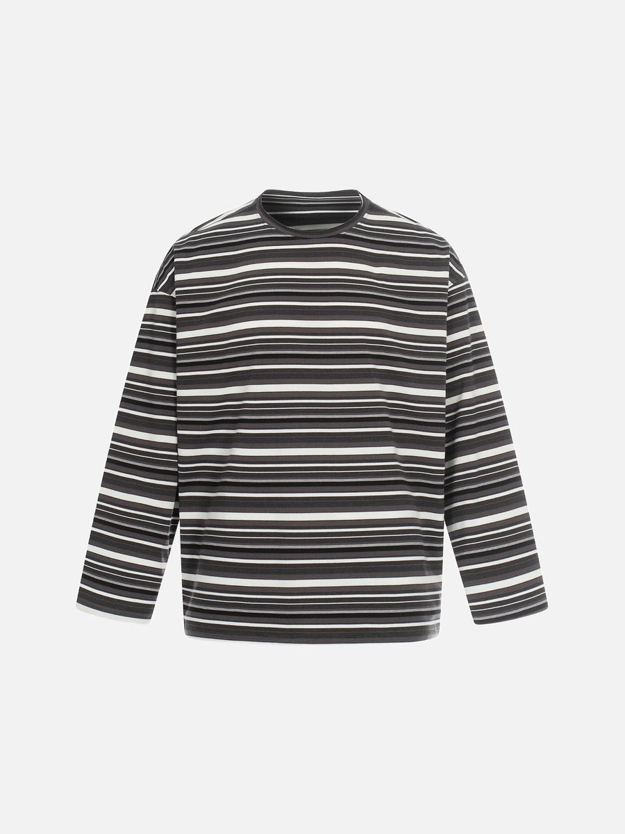 Men's grey striped long sleeve T-shirt shown from the back