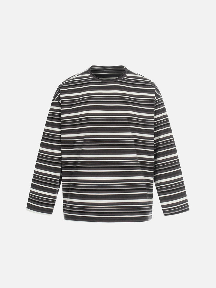 Men's grey striped long sleeve T-shirt shown from the back