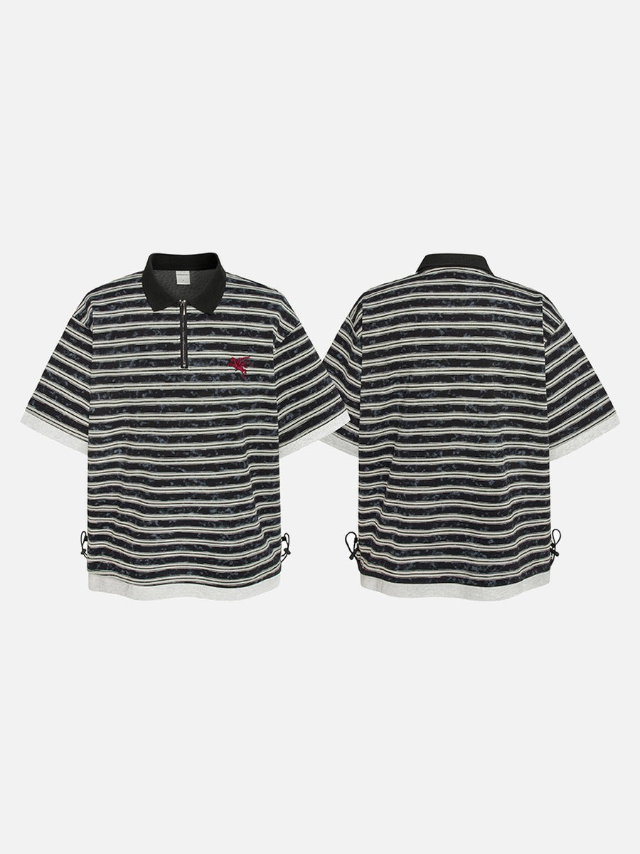 Men's black grey striped polo shirt styled for casual wear