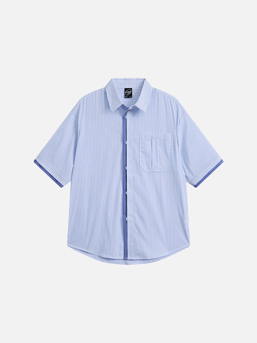 Men's blue striped short sleeve button-up shirt front view