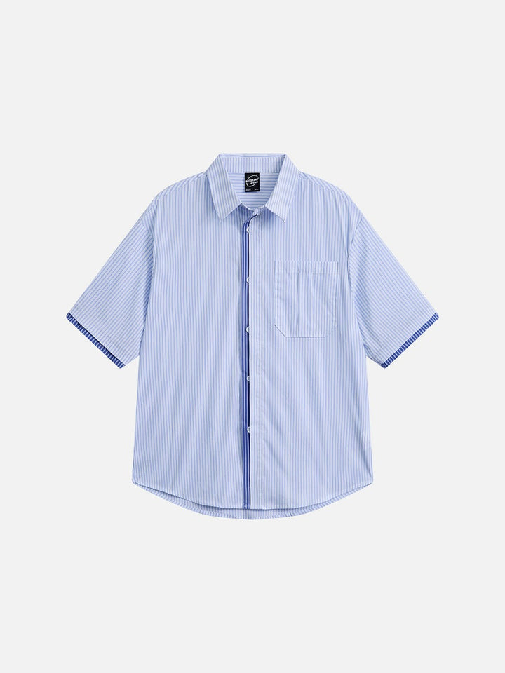Men's blue striped short sleeve button-up shirt front view