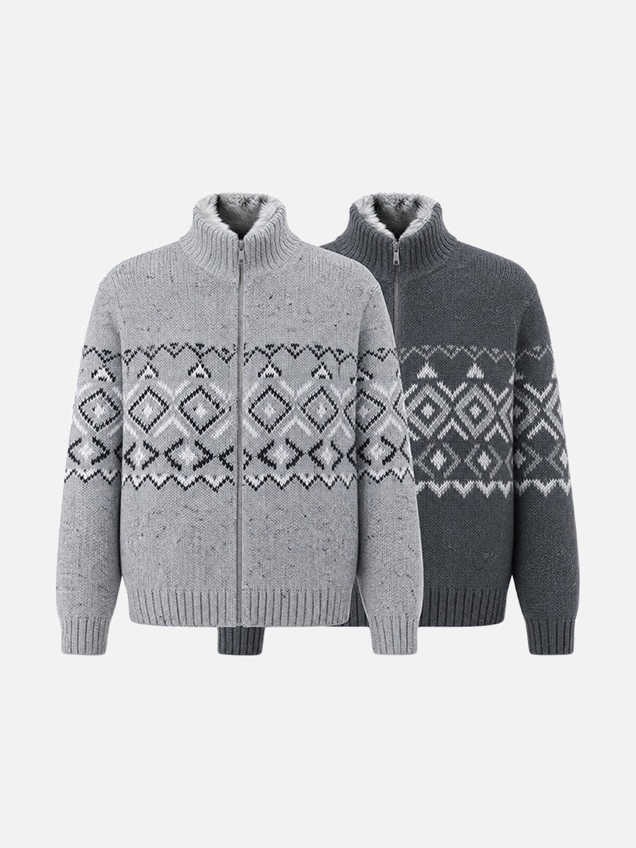Detailed view of the cardigan's knitted texture and neckline