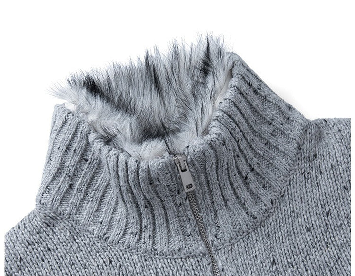 Men's geometric cardigan styled as a smart-casual layering piece