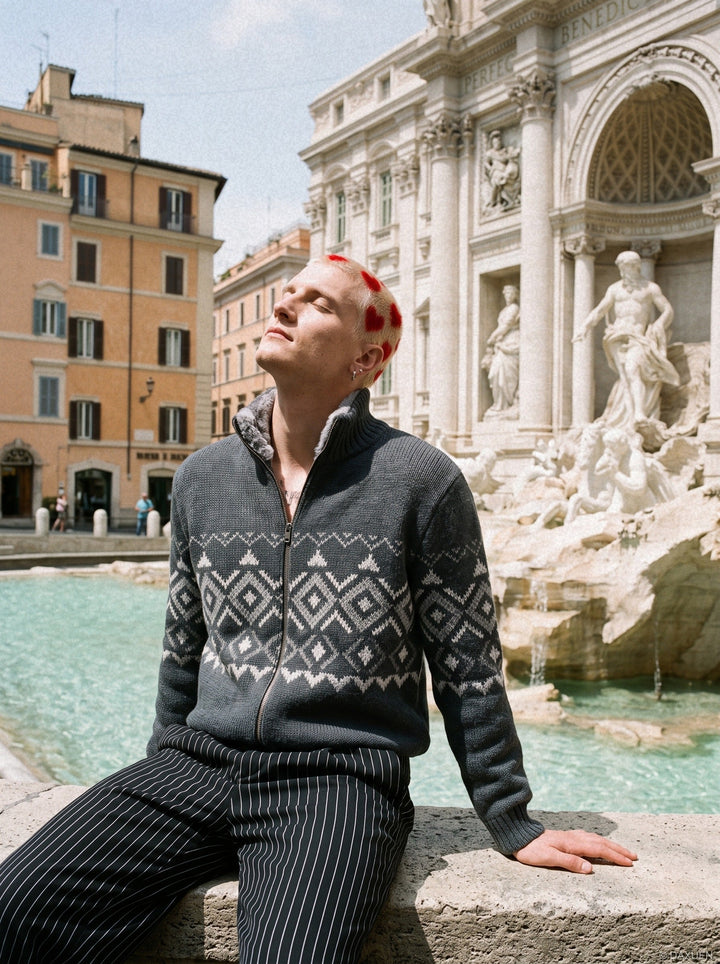 Men's cardigan showing the mock neck and button-front design