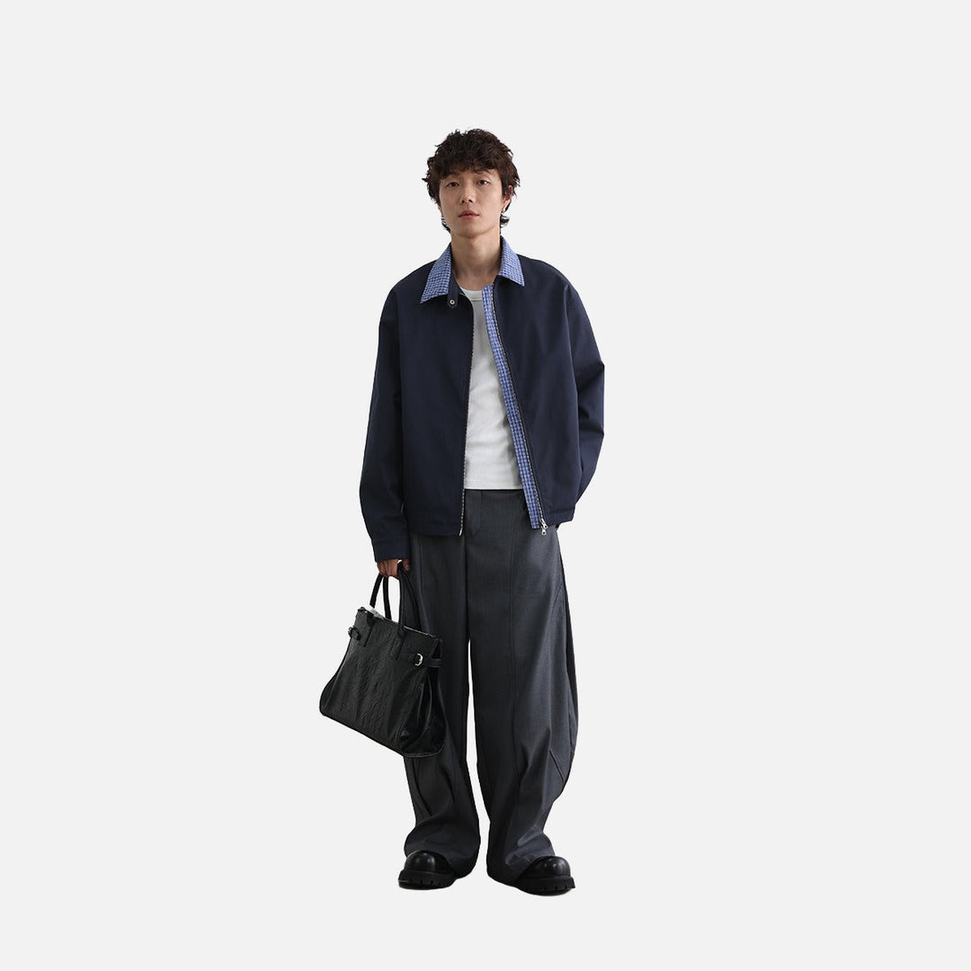 Men's zip jacket with gingham collar shown as a versatile layering piece