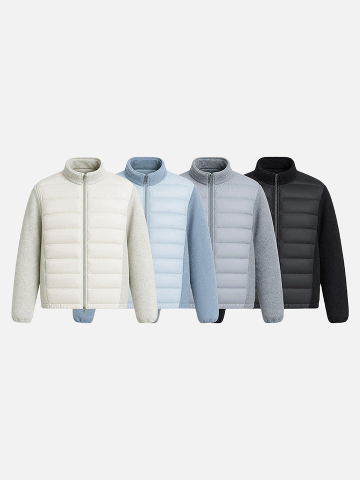 Men's stand collar jacket shown in a practical layered look