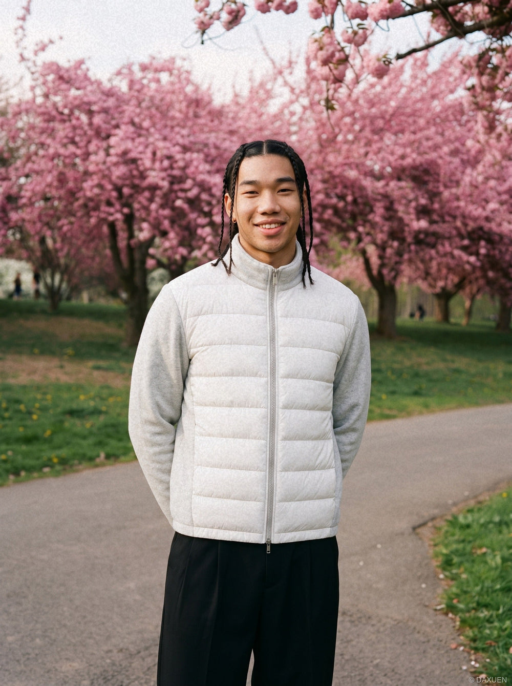 Front view of a men's padded fleece stand collar jacket