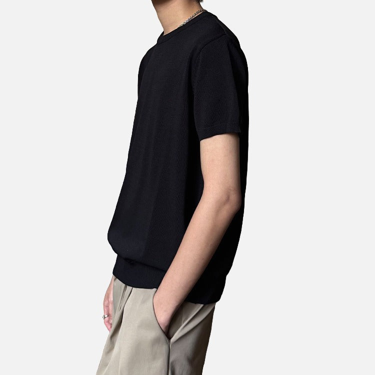 Close-up of ribbed texture on men's relaxed fit crew neck T-shirt