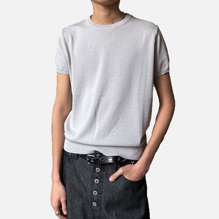 Side view of men's relaxed fit ribbed crew neck T-shirt