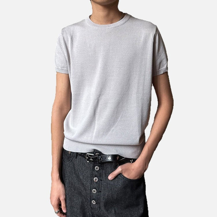 Side view of men's relaxed fit ribbed crew neck T-shirt