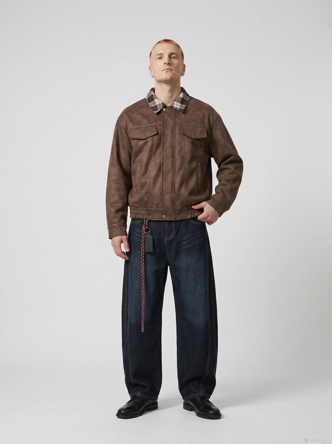 Full view of men's leather bomber jacket with plaid collar