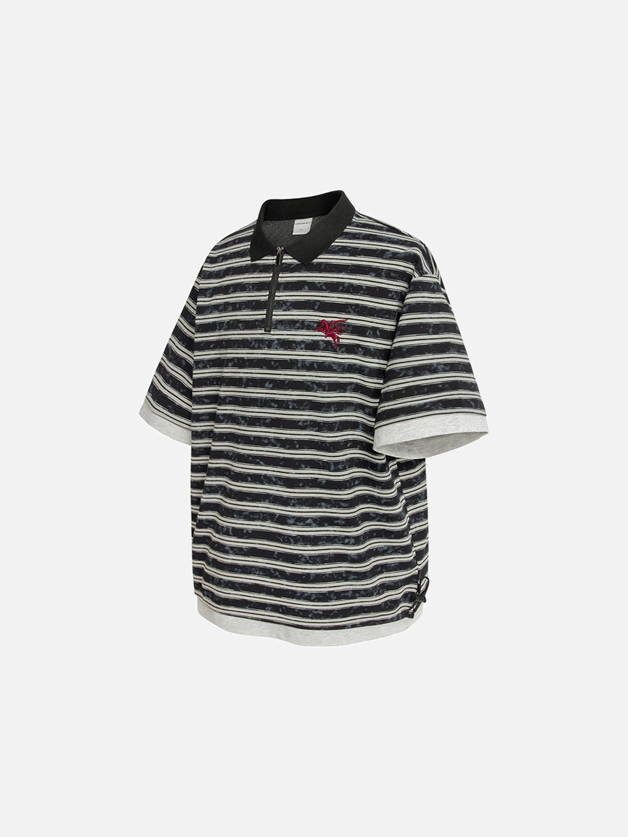 Full-length model view wearing men's striped zip polo shirt