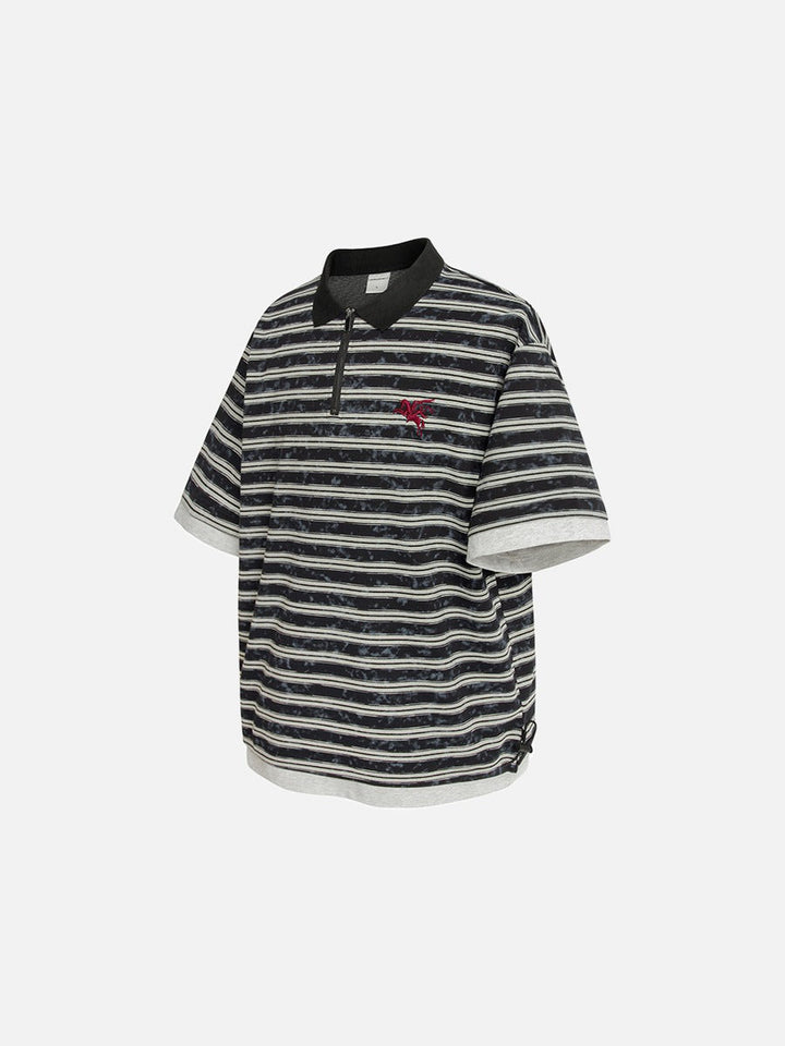 Full-length model view wearing men's striped zip polo shirt