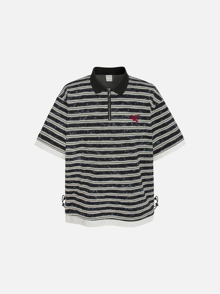 Front view of men's black and grey striped zip polo shirt