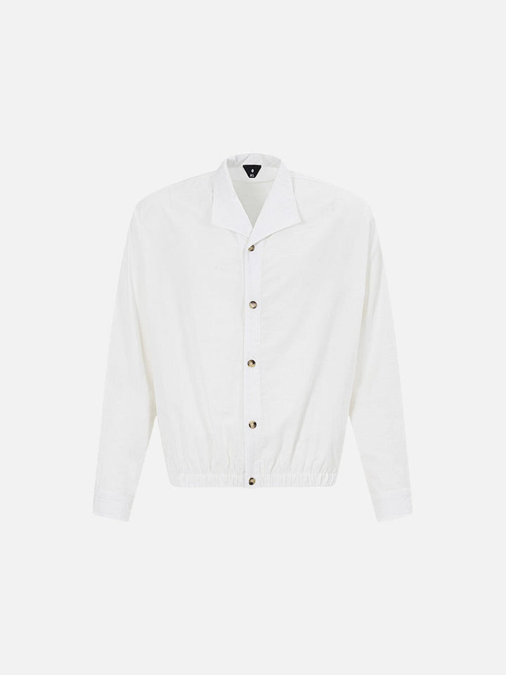 Men's relaxed blouson jacket with camp collar shown from the front