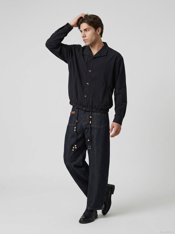 Fabric texture detail of men's relaxed blouson jacket