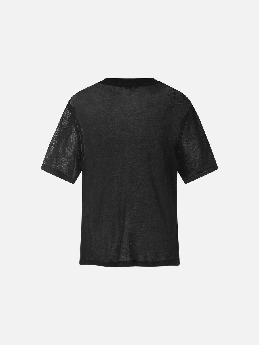 Men's black sheer knit crew neck T-shirt shown on a model