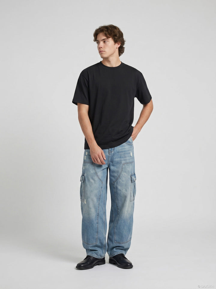 Full-length model wearing men's black regular fit T-shirt