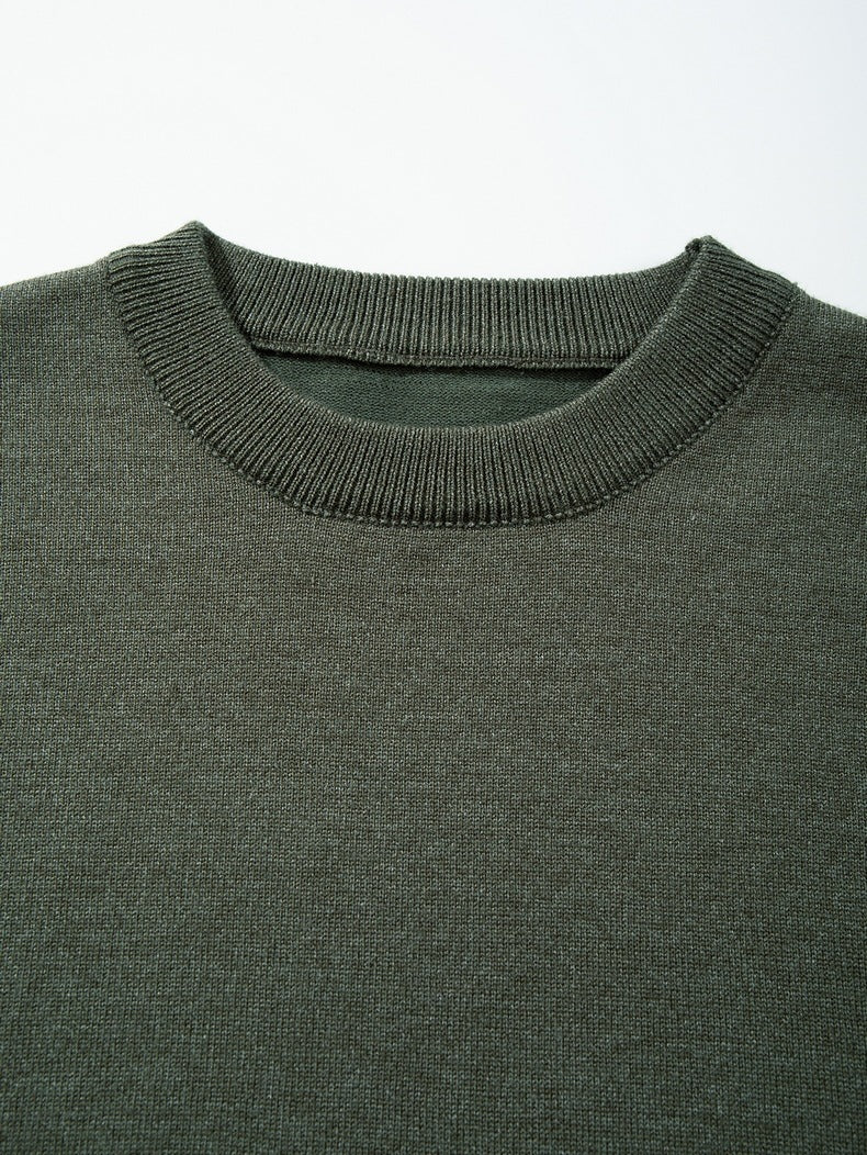 Full-length view of men's crew neck knit top in olive green