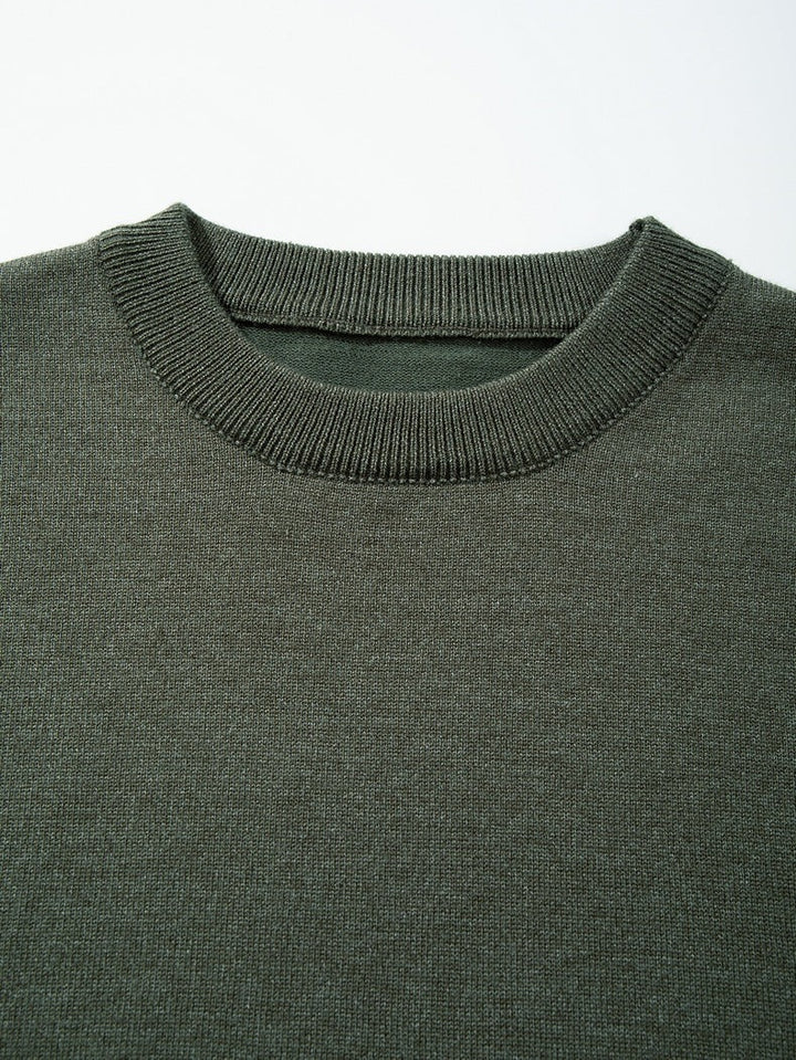 Full-length view of men's crew neck knit top in olive green