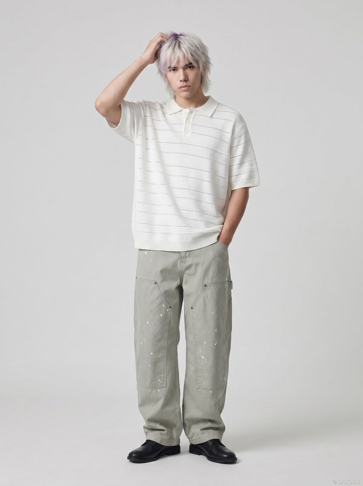 Full-length view of men's relaxed fit textured knit polo shirt