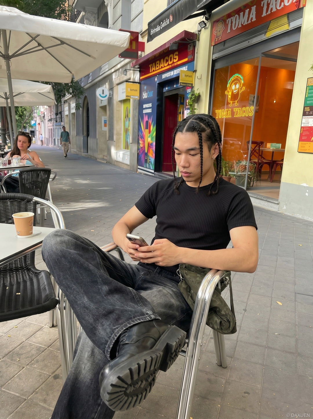 Men's white ribbed knit T-shirt displayed on a model from the side