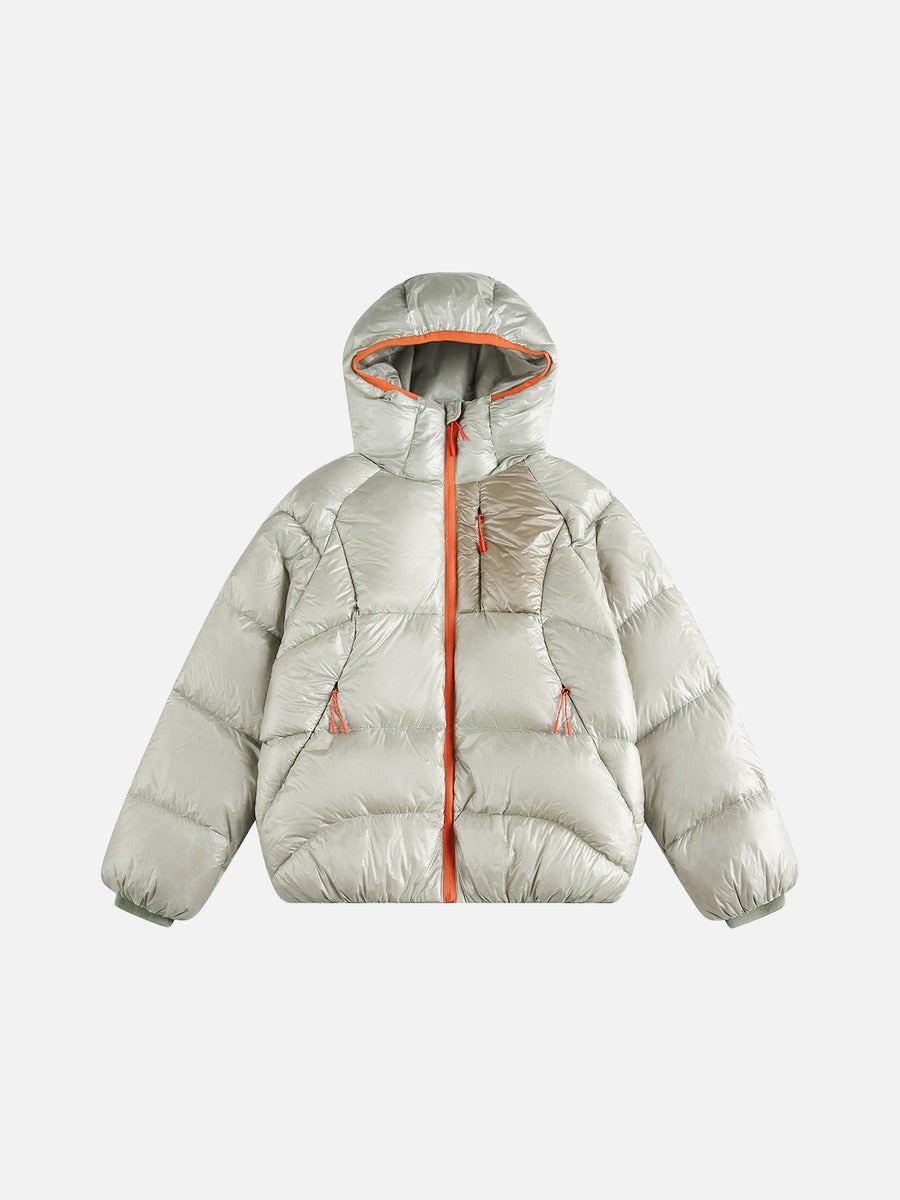 Men's deep purple puffer jacket with hood shown from the side