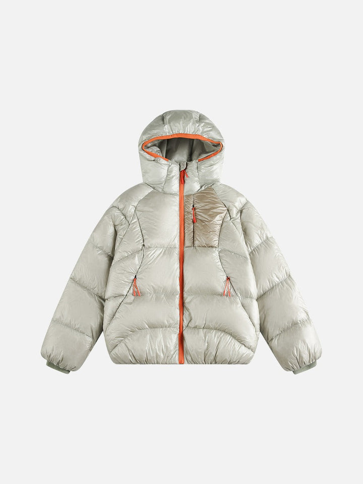 Men's deep purple puffer jacket with hood shown from the side