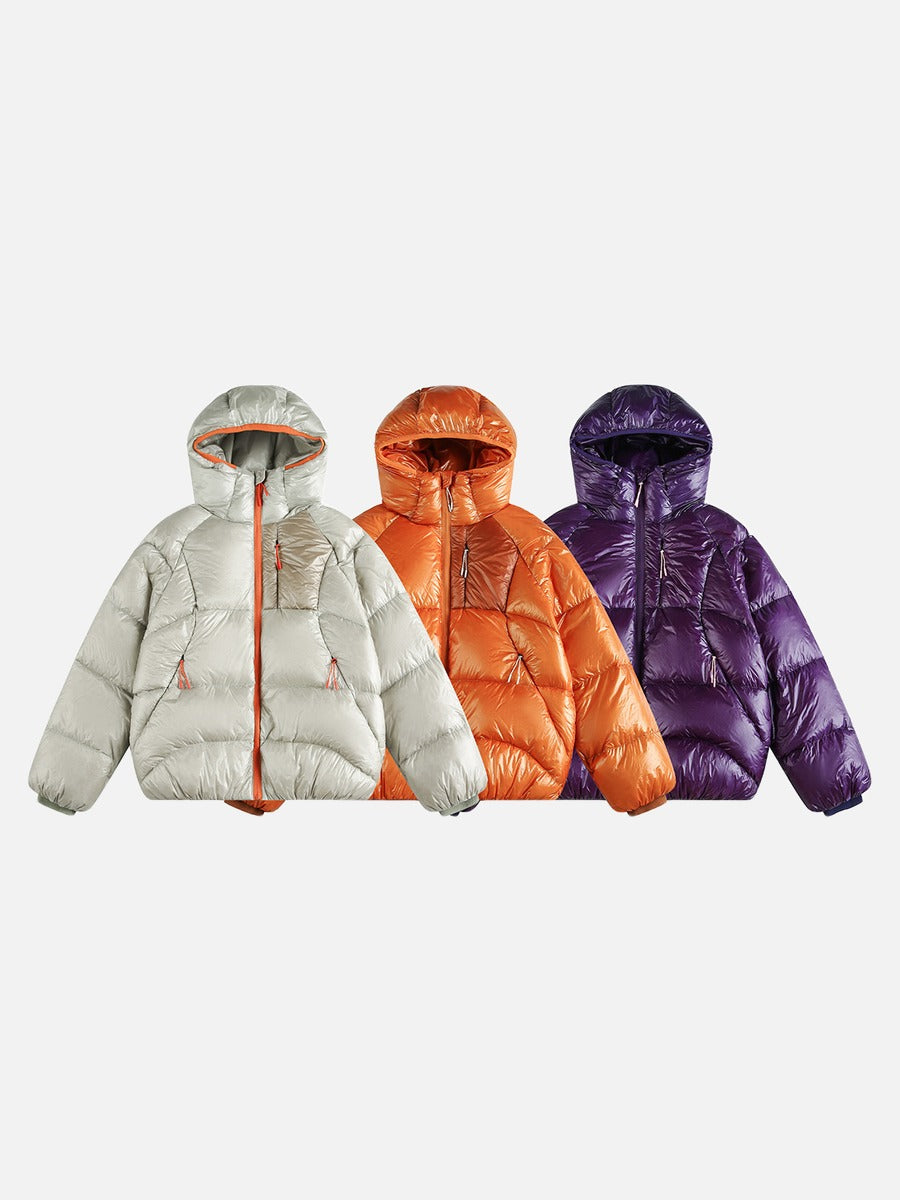 Full view of the voluminous men's deep purple hooded jacket