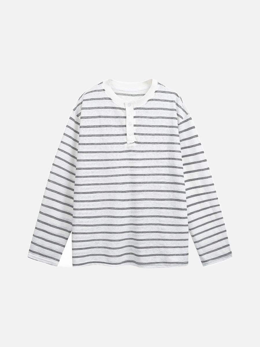 Men's white striped Henley shirt with relaxed fit front view