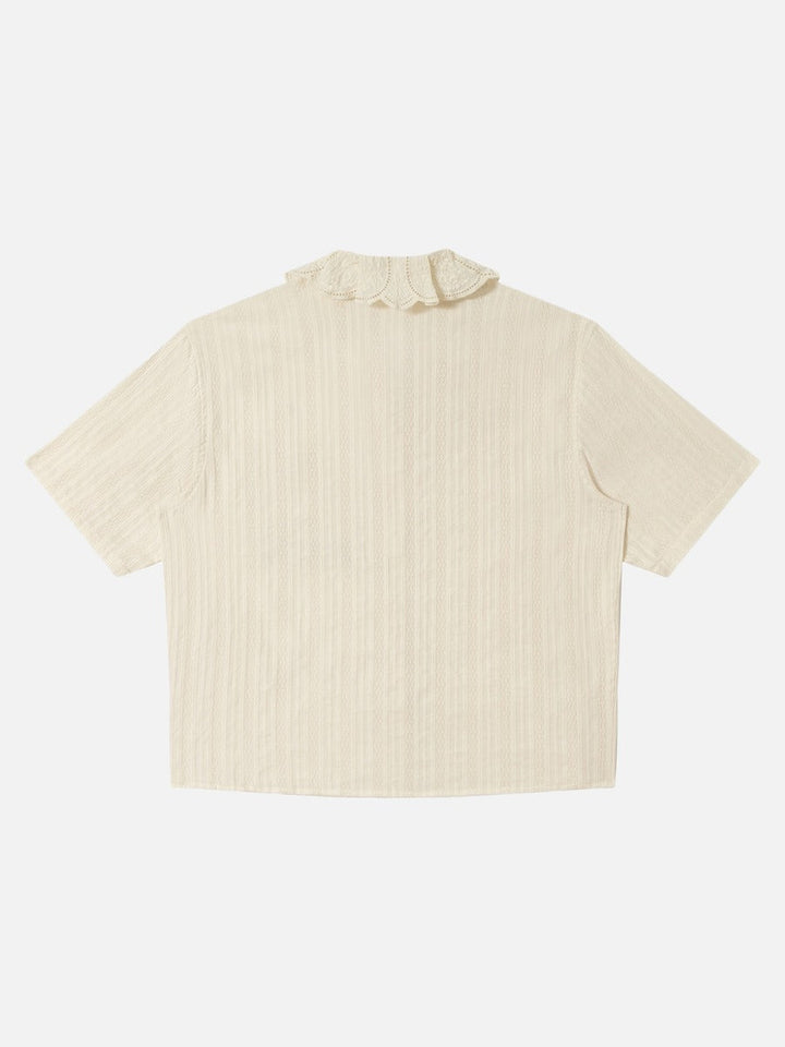 Men's cream textured short sleeve shirt shown from the back