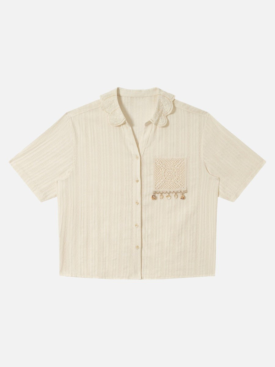 Men's cream textured short sleeve shirt shown from the front