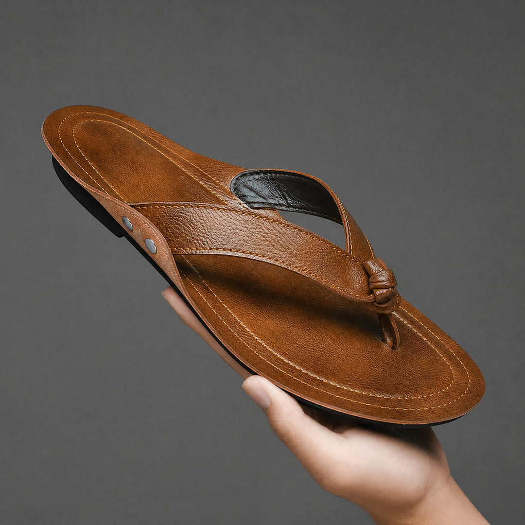 Men's leather cross strap sandals in a front angled view