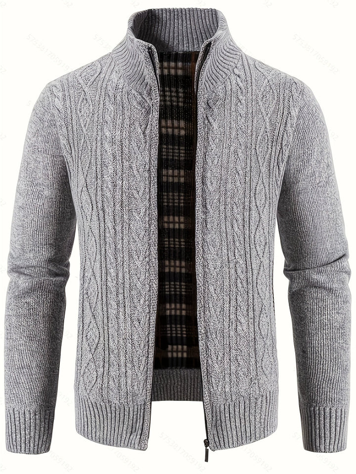 Men's stand collar cardigan shown in a relaxed smart-casual style