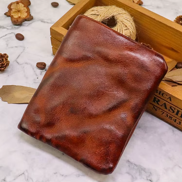 Leather Folded Wallet With Brass Snap Closure