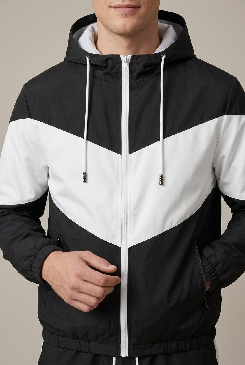 Front view of men's two-piece tracksuit with hooded jacket and jogger trousers