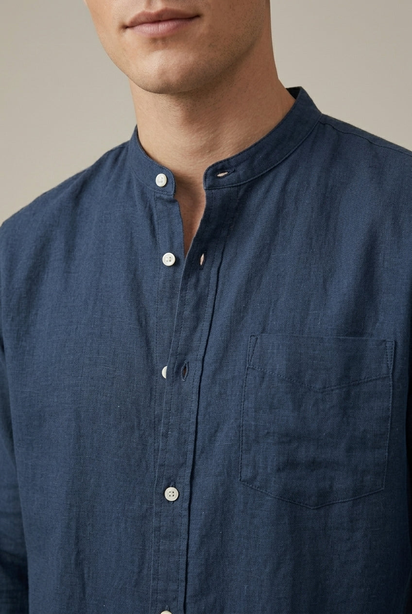 Front view of men's long sleeve linen blend band collar shirt