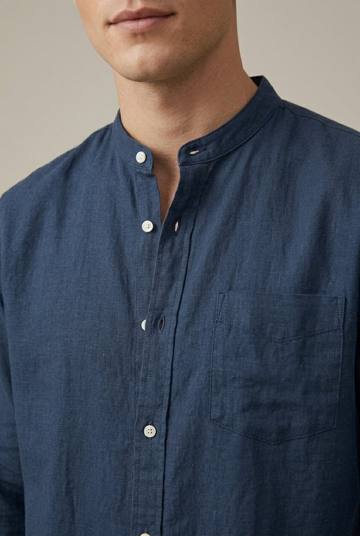 Front view of men's long sleeve linen blend band collar shirt