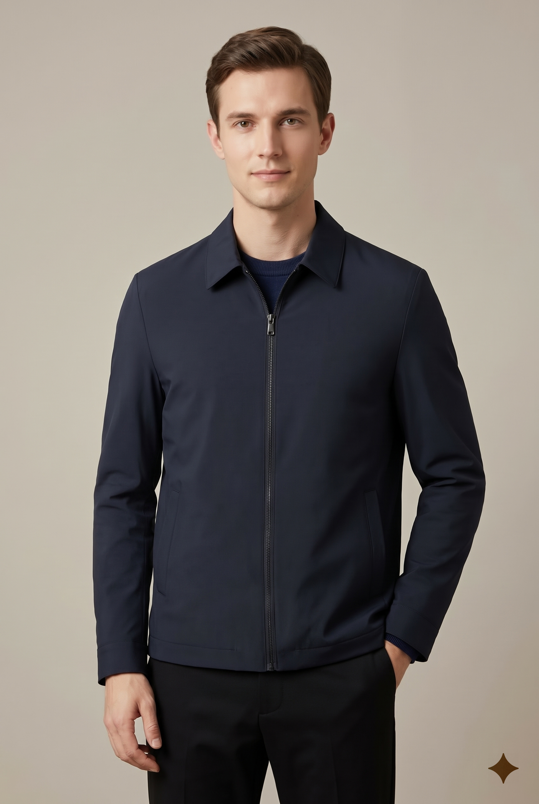 Men's collared jacket displaying its practical slant front pockets