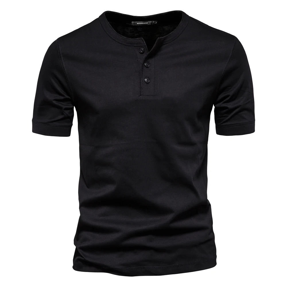 Men's Slim Fit Crew Neck Henley Shirt Cotton Blend Navy Blue