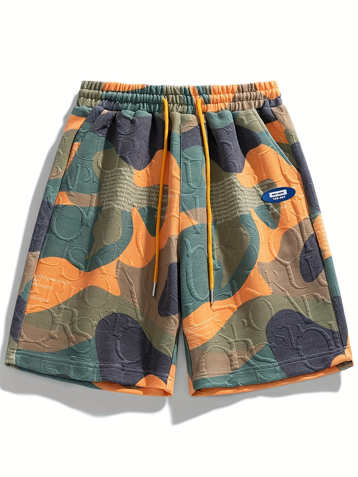 Men's camo relaxed fit shorts styled on a model for a casual look