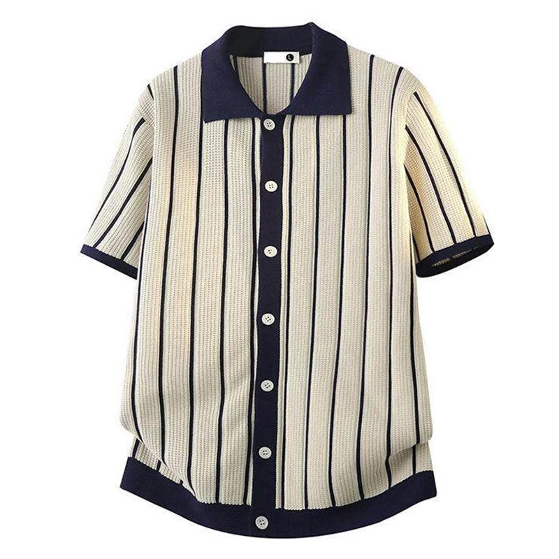 Men's Striped Knit Polo Shirt Patchwork Design White