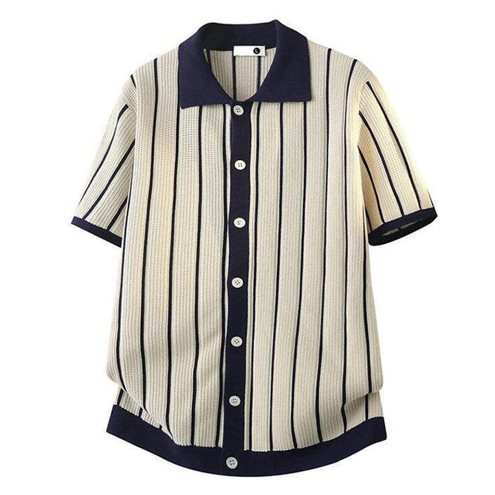 Men's Striped Knit Polo Shirt Patchwork Design White