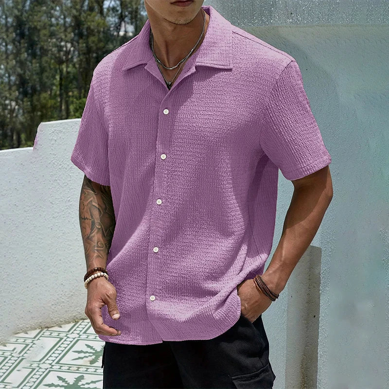 Men's Textured Cuban Collar Button-Front Shirt