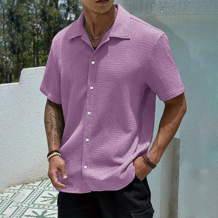 Men's Textured Cuban Collar Button-Front Shirt